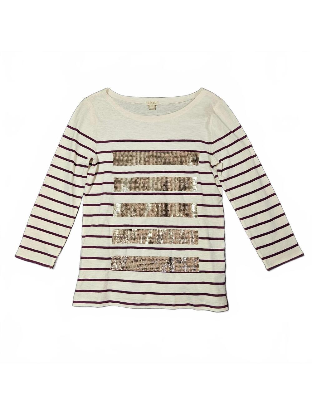 J.Crew Women's Small Cream Burgundy Striped Sequin Embellished Blouse Boat Neck